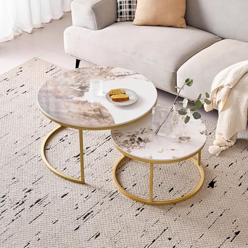 GrandCA HOME Runde Couchtische zum Ineinanderstapeln, 2er-Set, Moderne Wohnzimmertische mit Goldfarbenen Metallrahmen, 60 cm und 80 cm Große Pandora-Beistelltische aus Gesintertem Stein von GrandCA HOME