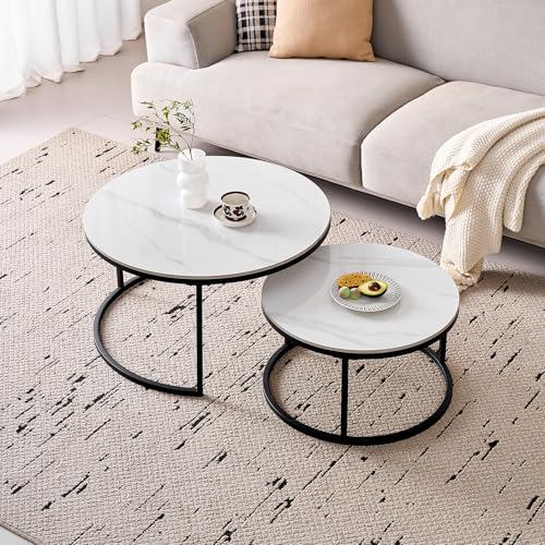 GrandCA HOME Runde Couchtische zum Ineinanderstapeln, 2er-Set, Moderne Wohnzimmertische mit Schwarzem Metallrahmen, 60 cm und 80 cm Große Beistelltische aus Weißem Marmor und Sinterstein von GrandCA HOME