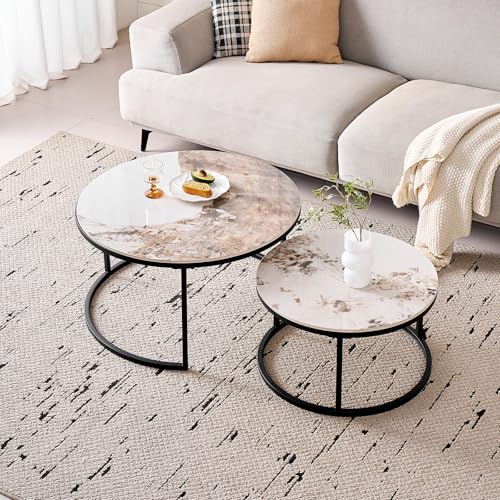 GrandCA HOME Runde Couchtische zum Ineinanderstapeln, 2er-Set, Moderne Wohnzimmertische mit Schwarzem Metallrahmen, 60 cm und 80 cm Große Pandora-Beistelltische aus Gesintertem Stein von GrandCA HOME