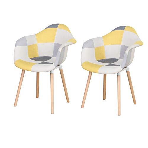 GrandCA HOME 2er-Set Sessel mit Patchwork-Stoffkissen Esszimmerstühle Holzbeine für Küche, Wohnzimmer,Gelb A5 von GrandCA HOME