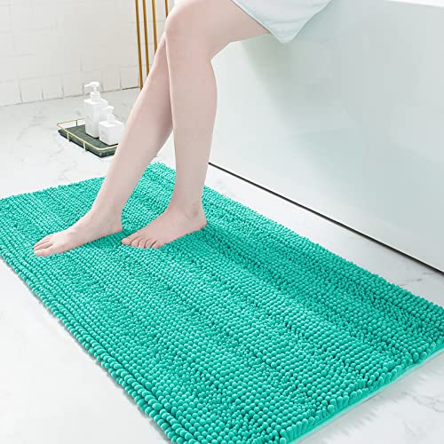 Grandaily Extra dicker luxuriöser gestreifter zotteliger Chenille-Badezimmerteppich, flauschig, weich, rutschfest, waschbar, saugfähig, Badematte für Badezimmer, Waschküche, 61 x 119.4 cm, türkis von Grandaily