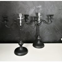 Paar Vintage Schwarzes Metall Und Edelstahl Candelabra, Kerzenhalter, Wohndekoration, Antike Kerzenständer von Grandchildattic