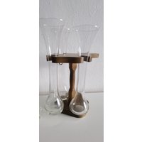 Vintage Moderne Drei-Schreibtisch-Glas-Hängevase, Übertopf Mit Holzständer, Hydroponik-Pflanzenglas-Ith-Halter, Terrarium Vase Behälter von Grandchildattic