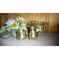 Vintage Silber Vergoldet E.p.n.s England Kaffee/Tee Set Tablett Zuckerdose, Milchkännchen Graviert Vintage Silber Vergoldet E.p.n.s England Kaffee/Tee Set Tablett Zuckerdose, Milchkännchen Graviert von Grandchildattic