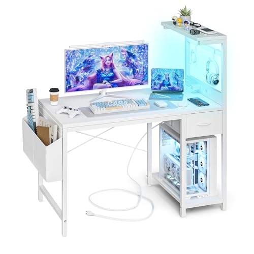 Grandder Gaming Tisch, 120 cm Gaming Schreibtisch mit Steckdose & LED-Beleuchtung, Computertisch mit reversiblen Regalen und Schublade, PC-Schreibtisch für Homeoffice mit Staufach von Grandder