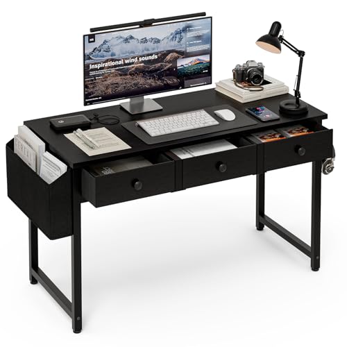 Grandder Kleiner Computertisch mit 2 Stoffschubladen, 100 cm Gaming Desk mit Staufächern und Schubladen, Schreibtisch für kleine Räume, Schwarz von Grandder