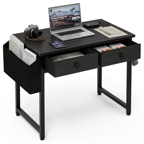 Grandder Kleiner Computertisch mit 2 Stoffschubladen, 80 cm Gaming Desk mit Staufächern und Schubladen, Schreibtisch für kleine Räume, Schwarz von Grandder