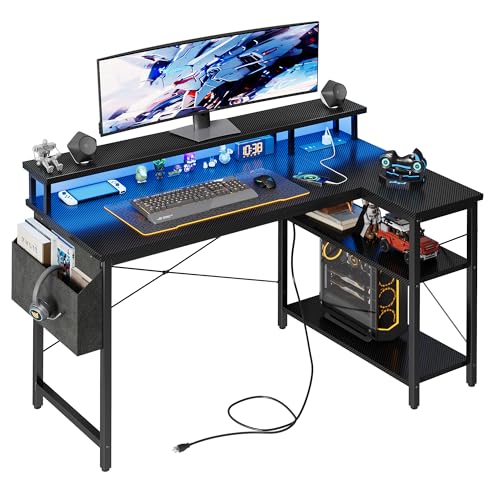 Grandder L-förmiger Schreibtisch mit LED-Beleuchtung & Steckdosen, 100 cm Gaming Desk mit 2 Regalen, Computertisch mit Monitorständer, PC-Arbeitsplatz für Homeoffice, Carbon Schwarz von Grandder
