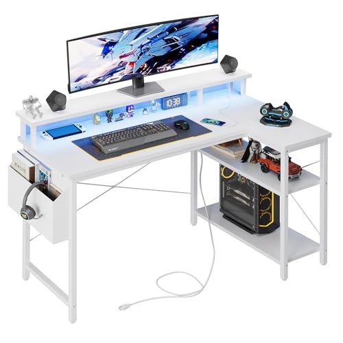 Grandder L-förmiger Schreibtisch mit LED-Beleuchtung & Steckdosen, 100 cm Gaming Desk mit 2 Regalen, Computertisch mit Monitorständer, PC-Arbeitsplatz für Homeoffice, Weiß von Grandder