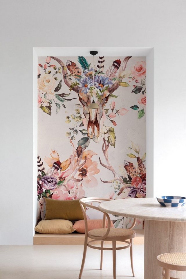 Grandeco Tapete Fototapete Blumen Feder Stier Hirsch Rosa Creme Beige ML2101 Young Edition von Grandeco Tapete