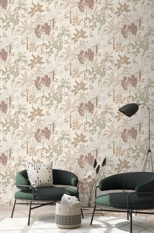 Grandeco Tapete Vliestapete Floral Dschungel Palmen Beige Grün Silber Metallic A54803 Asperia von Grandeco Tapete