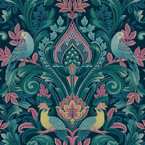 Tapete aus Vinyl mit Damaststruktur und Pfauenmotiv für Akzentwände, Flure, Wohn- und Schlafzimmer, Wandverkleidung, Marineblau/Rosa, Grandeco A67801 Tapete aus Vinyl mit Damaststruktur und Pfauenmotiv für Akzentwände, Flure, Wohn- und Schlafzimmer, Wandverkleidung, Marineblau/Rosa, Grandeco A67801 von Grandeco