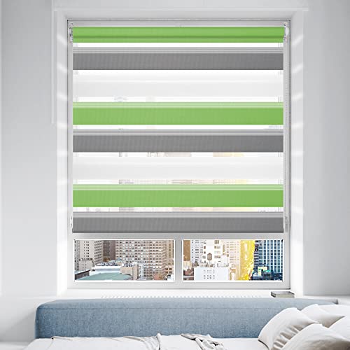 Doppelrollo Klemmfix ohne Bohren/mit Bohren, Duo Rollos für Fenster & Tür Grün-Grau-Weiß 95x150 (BxH) Lichtdurchlässig & Verdunkelnd Klemmrollo Fensterrollo Sonnenschutz Duo Rollo von Grandekor