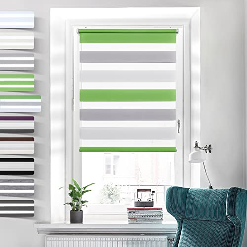 Doppelrollo Klemmfix ohne Bohren Grün-grau-weiß 105x130cm Duo Rollos für Fenster ohne Bohren Klemmrollo Rollo Zebrarollo Seitenzugrollo von Grandekor