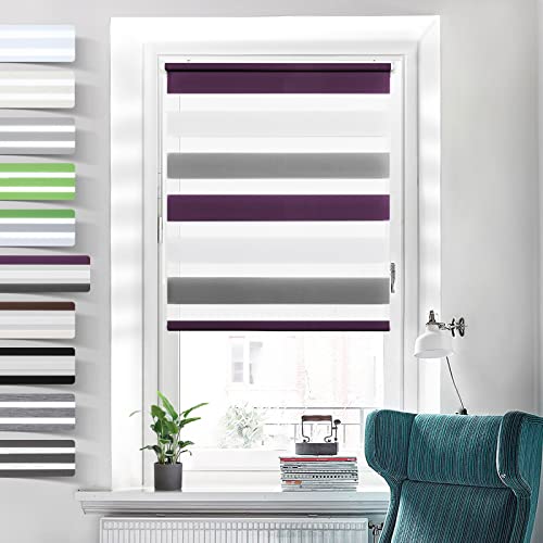 Doppelrollo Klemmfix ohne Bohren Rollos für Fenster ohne Bohren Weiß-anthrazit-lila 60x120cm-Stoffbreite 56cm Klemmrollos Fenster Rollo innen ohne Bohren Lichtdurchlässig von Grandekor