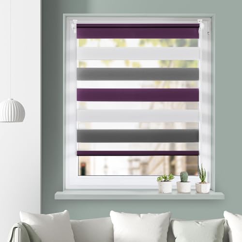 Grandekor Doppelrollo Duo Rollo Klemmfix ohne Bohren lichtdurchlässig und verdunkelnd Fensterollos Sonnenschutz für Fenster und Tür - Weiß-Anthrazit-Aubergine 80x150cm (BxH) / Stoffbreite 76cm von Grandekor