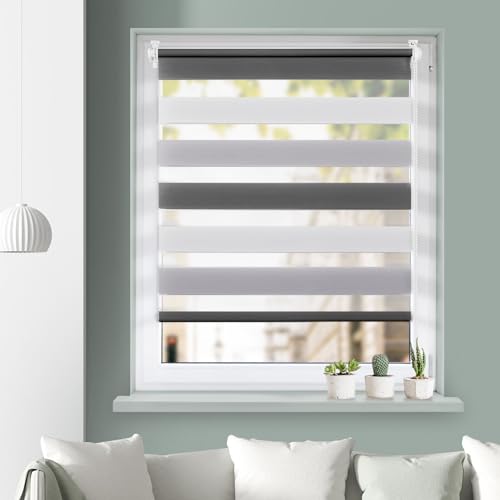 Grandekor Doppelrollo Duo Rollo Klemmfix ohne Bohren lichtdurchlässig und verdunkelnd Fensterollos Sonnenschutz für Fenster und Tür - Weiß-Grau-Anthrazit 60x150cm (BxH) / Stoffbreite 56cm von Grandekor