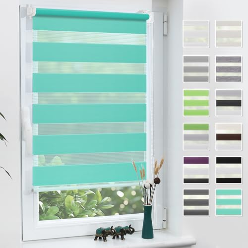 Grandekor Doppelrollo Klemmfix ohne Bohren Türkis 75x140cm(Stoffbreite 71cm) Fenster Rollos für innen Klemmrollos Duo Rollos für Fenster ohne Bohren mit Bohren Privatschutz UV-Schutz Zebrarollo von Grandekor