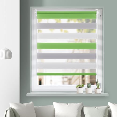 Grandekor Doppelrollo Klemmfix, Duo Rollos für Fenster und Tür ohne Bohren mit Klämmträger, Fensterrollo lichtdurchlässig & verdunkelnd - Grün-Grau-Weiß 110x120cm (Stoffbreite 106cm) von Grandekor