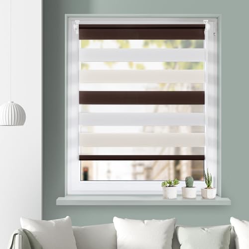 Grandekor Doppelrollo Weiß-beige-braun 100x120cm(BxH),Rollos für Fenster und Tür Lichtdurchlässig & Verdunkelnd, Duo Rollos Fenster Rollos für Innen Klemmrollo Sonnenschutz von Grandekor