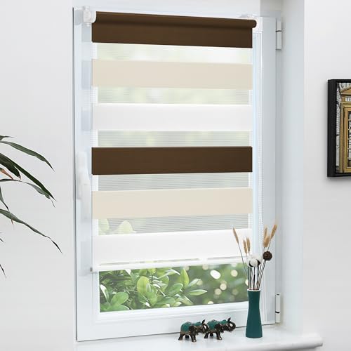 Grandekor Doppelrollo Klemmfix ohne Bohren Weiß-Beige-Braun 70x120cm(Stoffbreite 66cm) Fenster Rollos für innen Klemmrollos Duo Rollos für Fenster ohne Bohren mit Bohren Privatschutz Zebrarollo von Grandekor
