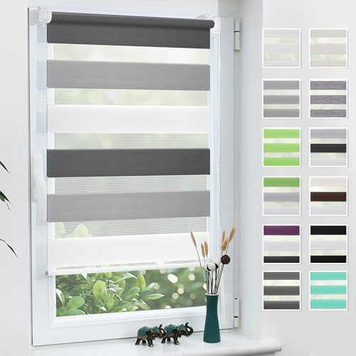 Grandekor Doppelrollo Klemmfix ohne Bohren Weiß-Grau-Anthrazit 60x120cm(Stoffbreite 56cm) Fenster Rollos für innen Klemmrollos Duo Rollos für Fenster ohne Bohren mit Bohren Privatschutz Zebrarollo von Grandekor