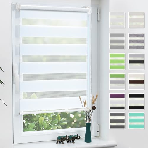 Grandekor Doppelrollo Klemmfix ohne Bohren Weiß 40x210cm(Stoffbreite 36cm) Fenster Rollos für innen Klemmrollos Duo Rollos für Fenster ohne Bohren mit Bohren Privatschutz UV-Schutz Zebrarollo von Grandekor