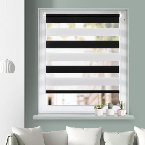 Grandekor Doppelrollo Klemmfix ohne Bohren 45x140(BxH) Schwarz-Weiß, Duo Rollo Klemmrollo Sonnenschutzrollo Fensterrollo für Fenster & Türen lichtdurchlässig Zebrarollo Seitenzugrollo von Grandekor