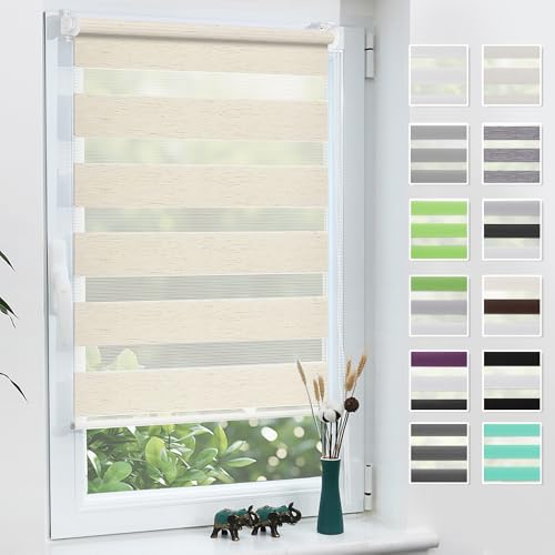 Grandekor Doppelrollo Klemmfix ohne Bohren Leinen 85x140cm(Stoffbreite 81cm) Fenster Rollos für innen Klemmrollos Duo Rollos für Fenster ohne Bohren mit Bohren Privatschutz UV-Schutz Zebrarollo von Grandekor
