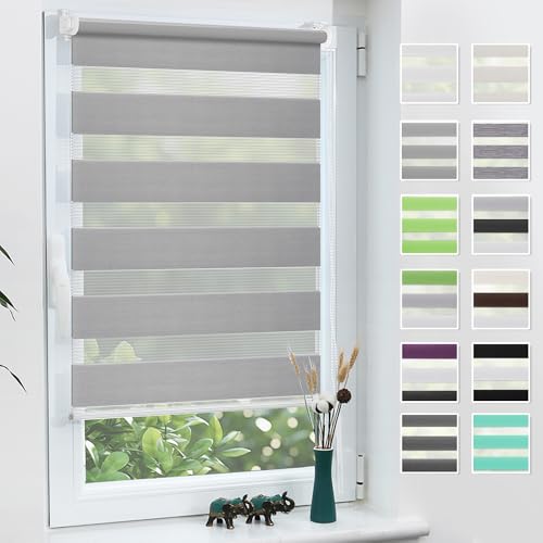 Grandekor Doppelrollo Klemmfix ohne Bohren Hellgrau 80x230cm(Stoffbreite 76cm) Fenster Rollos für innen Klemmrollos Duo Rollos für Fenster ohne Bohren mit Bohren Privatschutz UV-Schutz Zebrarollo von Grandekor