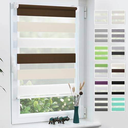 Grandekor Doppelrollo Klemmfix ohne Bohren Weiß-Beige-Braun 110x120cm(Stoffbreite 106cm) Fenster Rollos für innen Klemmrollos Duo Rollos für Fenster ohne Bohren mit Bohren Privatschutz Zebrarollo von Grandekor