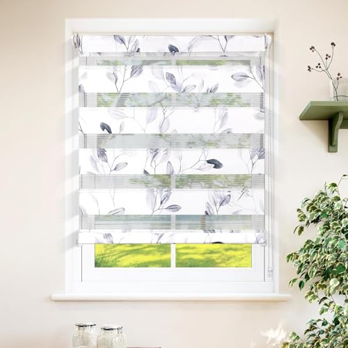 Grandekor Doppelrollo Klemmfix ohne Bohren mit Muster B75 x H120 cm (Stoffbreite 71cm) Blätter der Freiheit, Duo Rollo Klemmfix ohne Bohren für Wohnzimmer, Küche, Schlafzimmer und Kinderzimmer von Grandekor