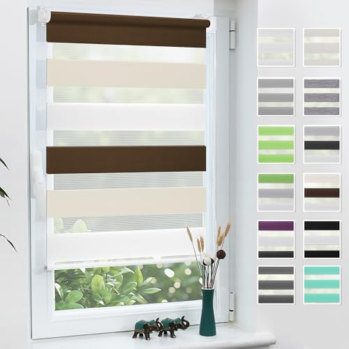 Grandekor Doppelrollo Weiß-beige-braun 85x110cm(BxH),Rollos für Fenster und Tür Lichtdurchlässig & Verdunkelnd, Duo Rollos Fenster Rollos für Innen Klemmrollo Sonnenschutz von Grandekor