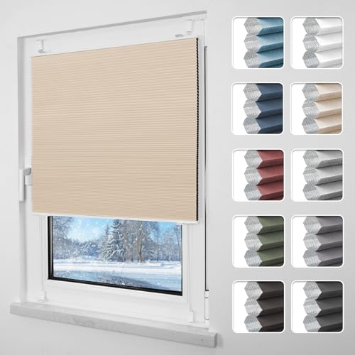 Grandekor Plissee ohne Bohren Verdunkelung 60x110cm weiß-beige, Wabenplissee ohne Bohren Thermo Doppelplissee Klemmfix 100% Verdunkelnd Sicht- & Sonnenschutz Plissee Rollos für Fenster & Tür von Grandekor