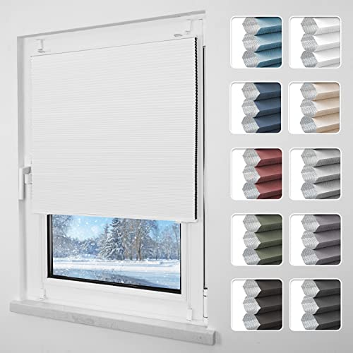 Grandekor Plissee ohne Bohren Verdunkelung 80x120cm weiß-weiß, Wabenplissee ohne Bohren Thermo Doppelplissee Klemmfix 100% Verdunkelnd Sicht- & Sonnenschutz Plissee Rollos für Fenster & Tür von Grandekor