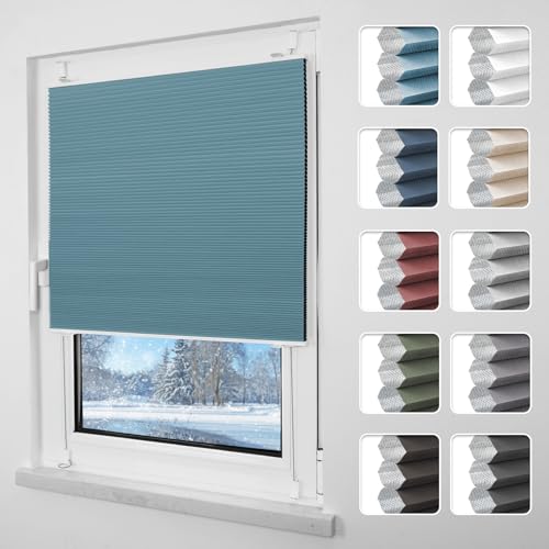 Grandekor Plissee ohne Bohren Verdunkelung 80x130cm weiß-hellblau, Wabenplissee ohne Bohren Thermo Doppelplissee Klemmfix 100% Verdunkelnd Sicht- & Sonnenschutz Plissee Rollos für Fenster & Tür von Grandekor