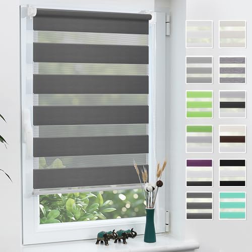 Grandekor Doppelrollo Klemmfix ohne Bohren Anthrazit 70x200cm(Stoffbreite 66cm) Fenster Rollos für innen Klemmrollos Duo Rollos für Fenster ohne Bohren mit Bohren Privatschutz UV-Schutz Zebrarollo von Grandekor