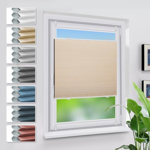 Grandekor Verdunklungsplissee Wabenplissee ohne Bohren Weiß-Beige 80x130cm (BxH) Klemmfix Plissee ohne Bohren Verdunkelung Thermo Rollo Wärmedämmung, Privatsphäre - & Sonnenschutz von Grandekor