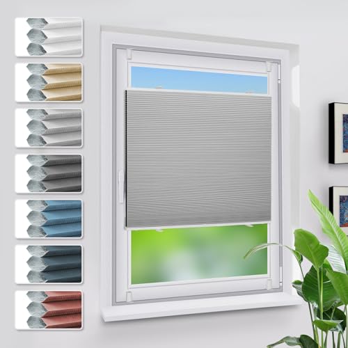 Grandekor Verdunklungsplissee Wabenplissee ohne Bohren Weiß-Hellgrau 85x80cm (BxH) Klemmfix Plissee ohne Bohren Verdunkelung Thermo Rollo Wärmedämmung, Privatsphäre - & Sonnenschutz von Grandekor
