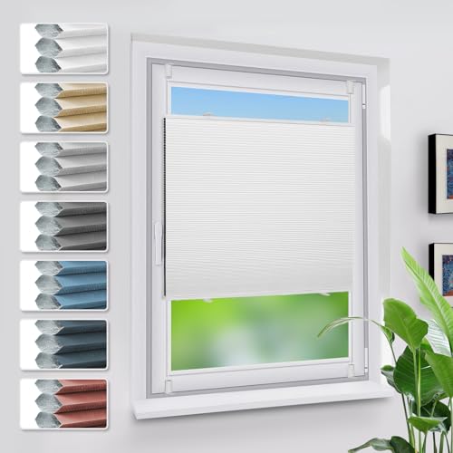 Grandekor Verdunklungsplissee Wabenplissee ohne Bohren Weiß-Weiß 80x220cm (BxH) Klemmfix Plissee ohne Bohren Verdunkelung Thermo Rollo Wärmedämmung, Privatsphäre - & Sonnenschutz von Grandekor