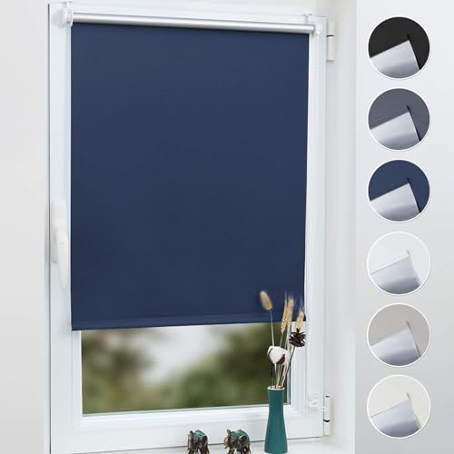 Grandekor Verdunklungsrollo ohne Bohren 110x140cm (BxH) Dunkelblau,Rollos für Fenster ohne Bohren,Verdunkelungsrollo Thermorollo Klemmrollo Fensterrollo verdunkelung Sichtschutz Hitzeschutz von Grandekor