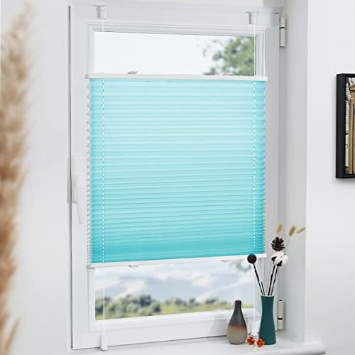 Plissee Klemmfix 45x130cm Türkis Fenster Plissee innen ohne Bohren Faltrollo mit Klemmträger Sonnenschutz UV-Schutz Plisseerollo Jalousie für Fenster ohne Bohren von Grandekor