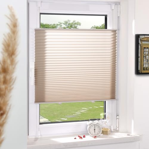 Grandekor Plissee Klemmfix ohne Bohren Beige 45x140cm(BxH) Plissees lichtdurchlässig Blickdicht Jalousien ohne Bohren Fensterrollo Klemmrollos Sonnenschutz Sichtschutz Faltrollo Rollos für Fenster von Grandekor