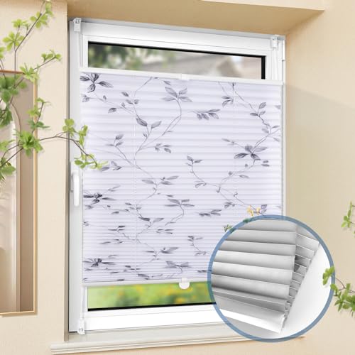 Plissee ohne Bohren Verdunkelung mit Muster Weiß-weidenzweige 90x120cm(BxH) Thermo Plissee Klemmfix Verdunklung Jalousien zum Klemmen Plissees Sichtschutz Fenster innen 100% Blickdicht von Grandekor