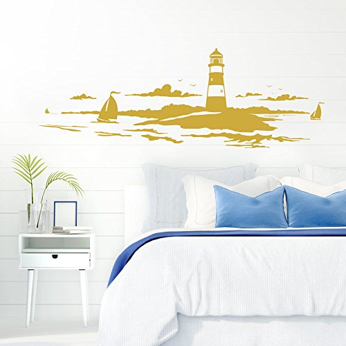 Grandora Skyline Küstenlandschaft Leuchtturm I Gold 120 x 42 cm I Bad Wohnzimmer Schlafzimmer Aufkleber Wandaufkleber Wandsticker Modern W974 von Grandora