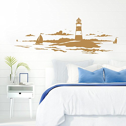 Grandora Skyline Küstenlandschaft Leuchtturm I Hellbraun 167 x 58 cm I Bad Wohnzimmer Schlafzimmer Aufkleber Wandaufkleber Wandsticker Modern W974 von Grandora