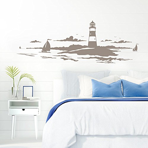 Grandora Skyline Küstenlandschaft Leuchtturm I Taupe 167 x 58 cm I Bad Wohnzimmer Schlafzimmer Aufkleber Wandaufkleber Wandsticker Modern W974 von Grandora