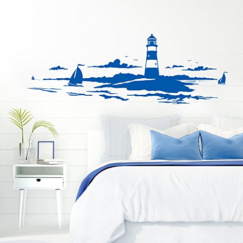 Grandora Skyline Küstenlandschaft Leuchtturm I azurblau 120 x 42 cm I Bad Wohnzimmer Schlafzimmer Aufkleber Wandaufkleber Wandsticker Modern W974 von Grandora