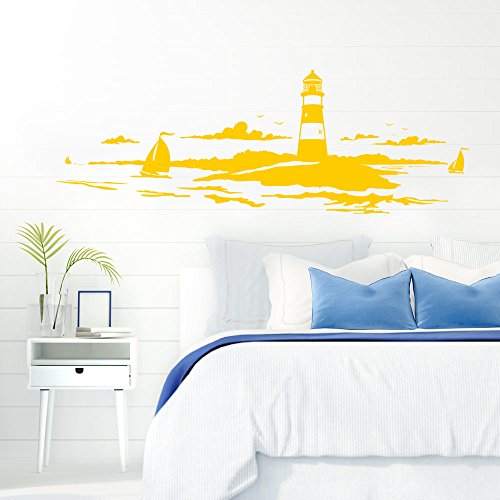 Grandora Skyline Küstenlandschaft Leuchtturm I gelb 120 x 42 cm I Bad Wohnzimmer Schlafzimmer Aufkleber Wandaufkleber Wandsticker Modern W974 von Grandora