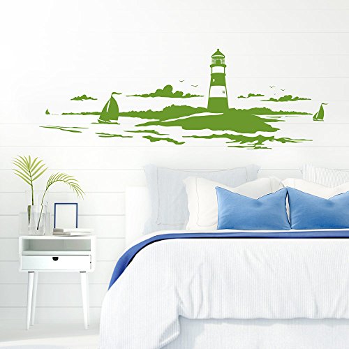 Grandora Skyline Küstenlandschaft Leuchtturm I gelbgrün 120 x 42 cm I Bad Wohnzimmer Schlafzimmer Aufkleber Wandaufkleber Wandsticker Modern W974 von Grandora